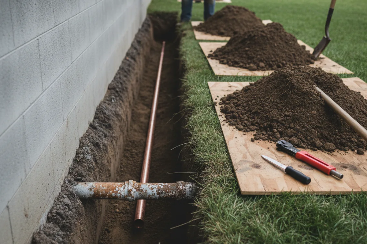 Excavated water line trench during Sewer Line Repair in Highwood
